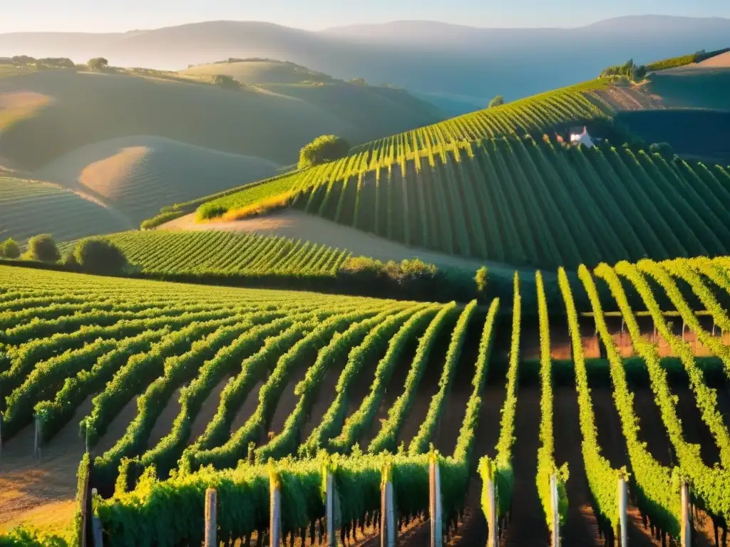 Viñedo exuberante al atardecer: destino ideal para enoturismo internacional Inversión en turismo vinícola internacional: Viñedo exuberante al atardecer, trabajadores cuidando las vides