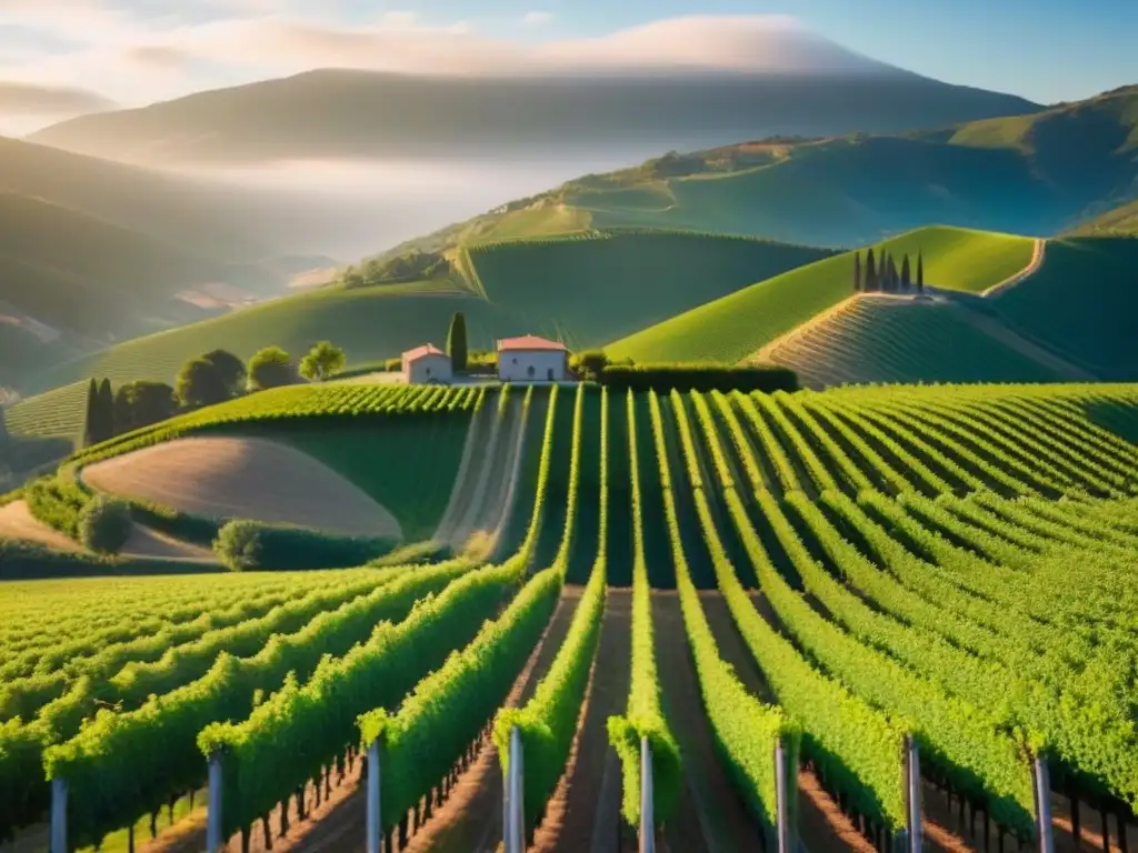 Viñedos de ensueño: 8k vista aérea de bodegas y montañas Inversión en turismo vinícola internacional: Vista aérea de viñedos en colinas verdes con bodegas elegantes y trabajadores