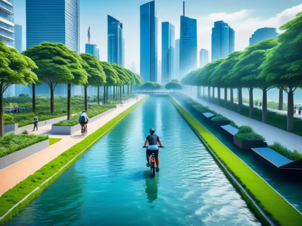 Metrópolis ecológica: turismo sostenible en armonía Turistas disfrutan de ciudad sostenible con rascacielos ecológicos y parques verdes