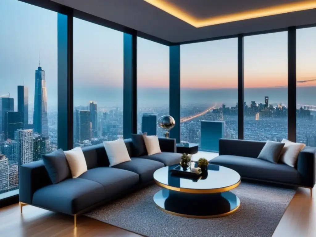 Penthouse ultramoderno con vistas panorámicas y lujo elegante Penthouse ultramoderno con vista a la ciudad, diseño minimalista y lujoso, estrategias influencers mercado inmobiliario