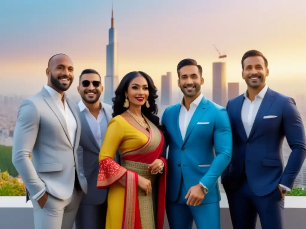 Agents inmobiliarios del mundo en trajes tradicionales frente a la ciudad Unidos en diversidad: agentes inmobiliarios de todo el mundo, con atuendos tradicionales, dialogan frente a la ciudad