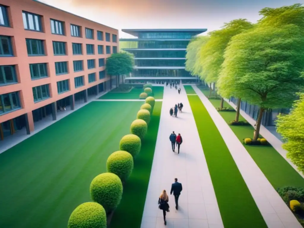 Campus universitario vibrante: arquitectura moderna y estudiantes activos Una universidad bulliciosa y moderna en un día soleado