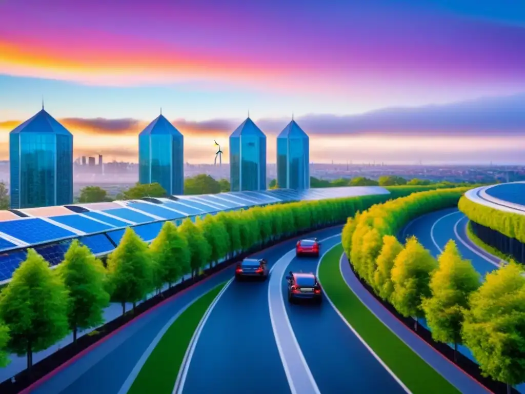 Cityscape sostenible: diseño urbano futurista con tecnología verde Urbanismo sostenible y cambio climático: Ciudad futurista con diseño ecoamigable y diversidad comunitaria al atardecer