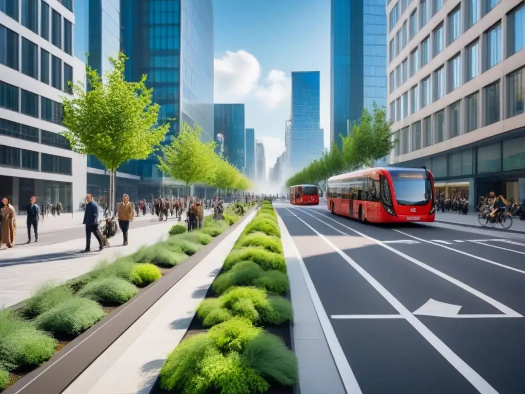 Cityscape sostenible: diseño urbano moderno y verde Urbanismo sostenible en ciudades vivibles: Calle bulliciosa con diseño urbano moderno y verde, bicis, buses eléctricos y paneles solares