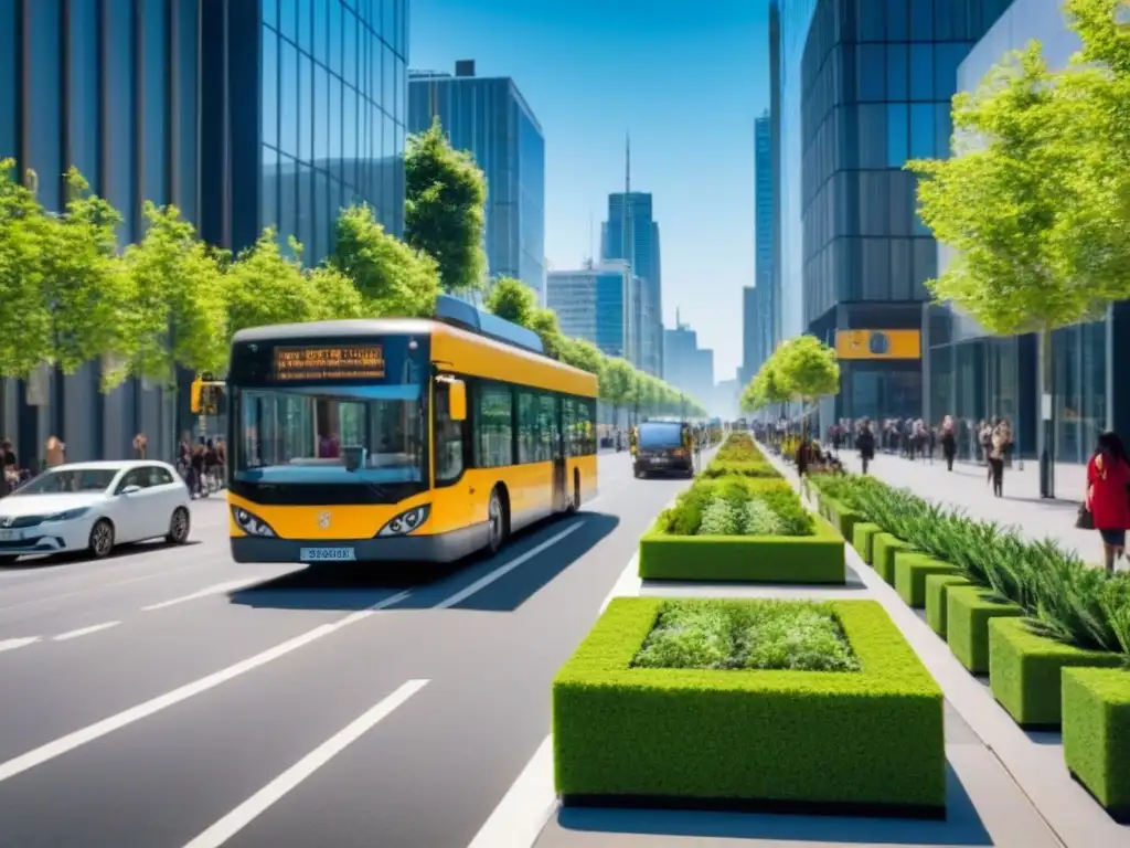 City street sostenible con edificios verdes y transporte eco-friendly Urbanismo sostenible para inversionistas globales: Calles llenas de vida, edificios eco-friendly y transporte verde en una ciudad moderna