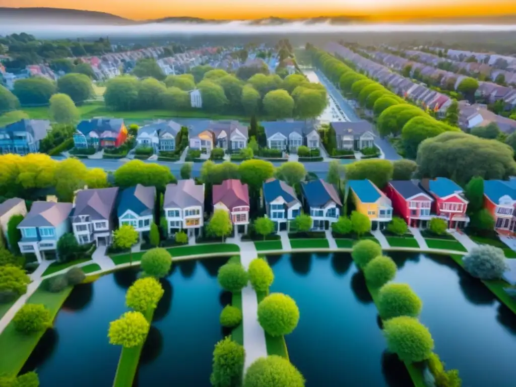 Barrio suburbano en crecimiento rodeado de naturaleza y modernidad Urbanización en auge mercado inmobiliario: coloridas casas, parques verdes y cafés trendy al atardecer
