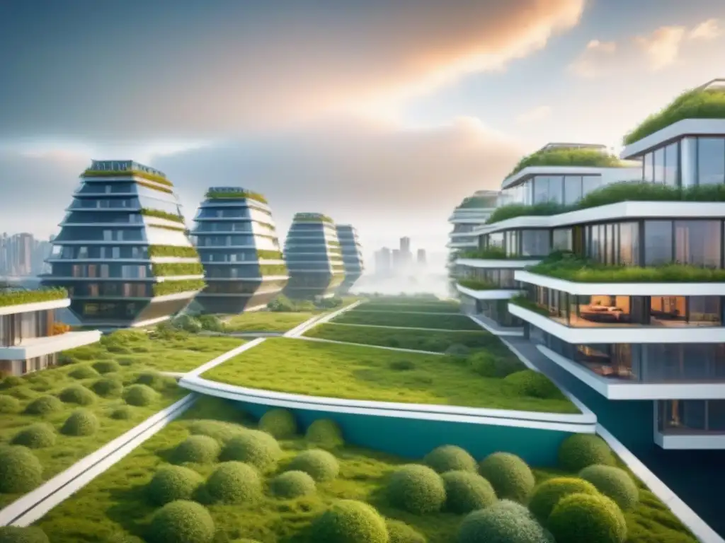 Arquitectura futurista sostenible: Ciudad interconectada y verde Visión futurista de diseño urbano impactado por migración, con edificios sostenibles e innovadores