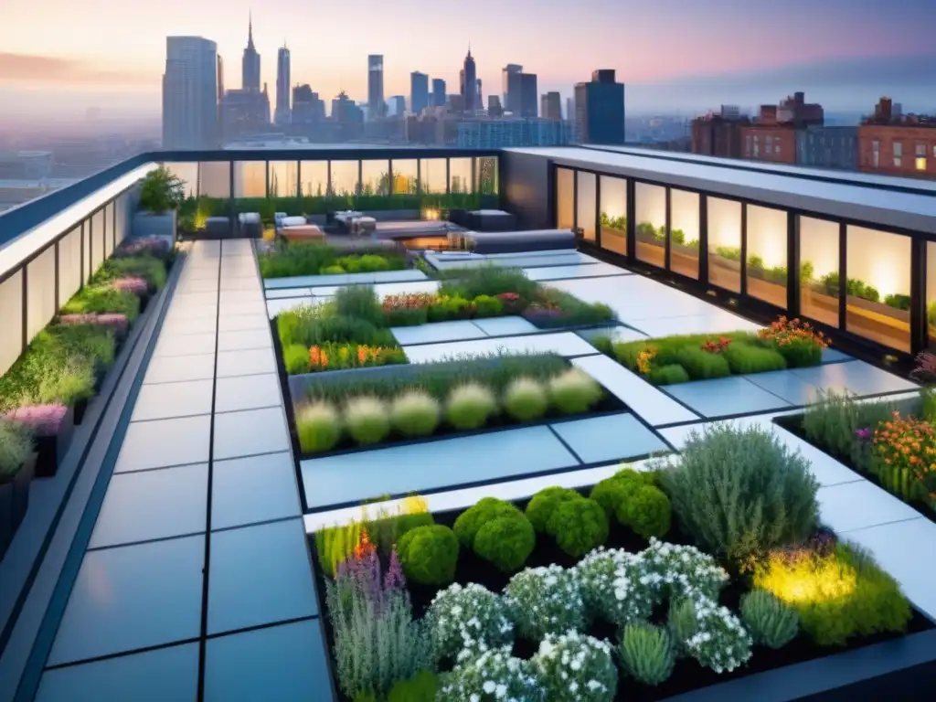 Jardín urbano sostenible de lujo en 8k: oasis moderno en la ciudad Un jardín urbano moderno y exuberante integrado al paisaje urbano, con elementos ecoamigables