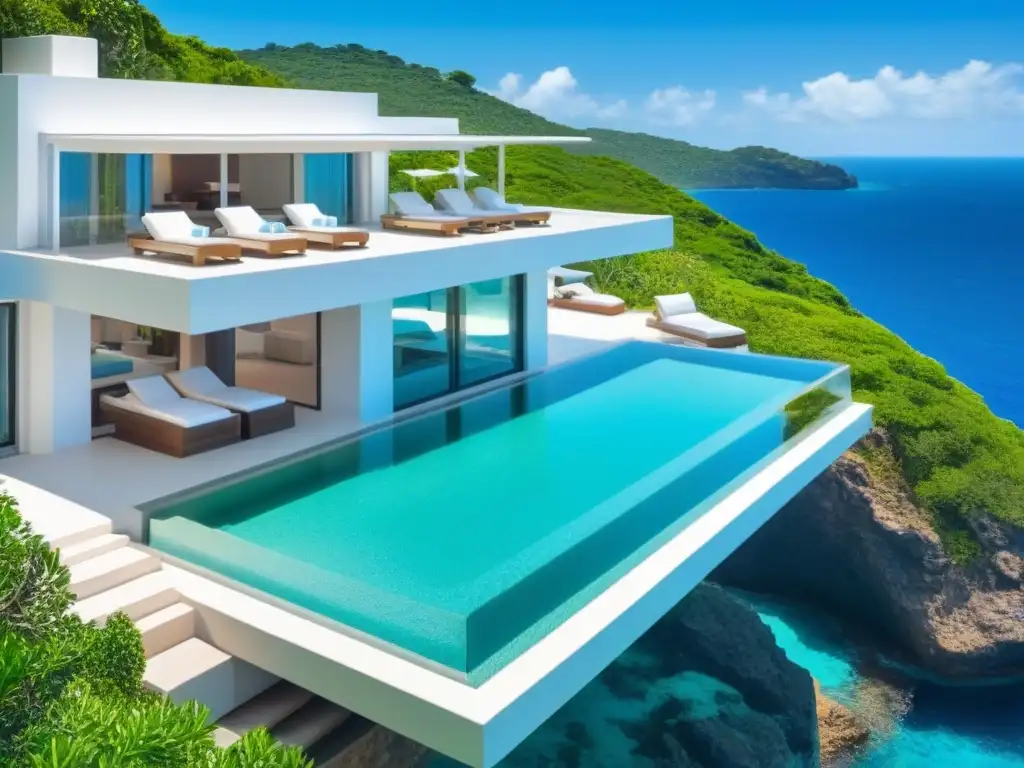 Villa de lujo en acantilado con piscina infinita y vistas al mar Villa vacacional costera de lujo en acantilado con vistas al mar turquesa, moderna arquitectura y piscina infinita