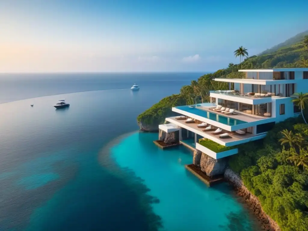 Villa de lujo en acantilado con piscina infinita y helipuerto Villa vacacional costera de lujo en acantilado con vistas al mar turquesa, diseño moderno y piscina infinita
