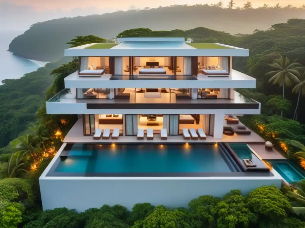 Villa de lujo con piscina infinita frente al mar Villa vacacional internacional con piscina infinita, rodeada de vegetación tropical, en un atardecer dorado