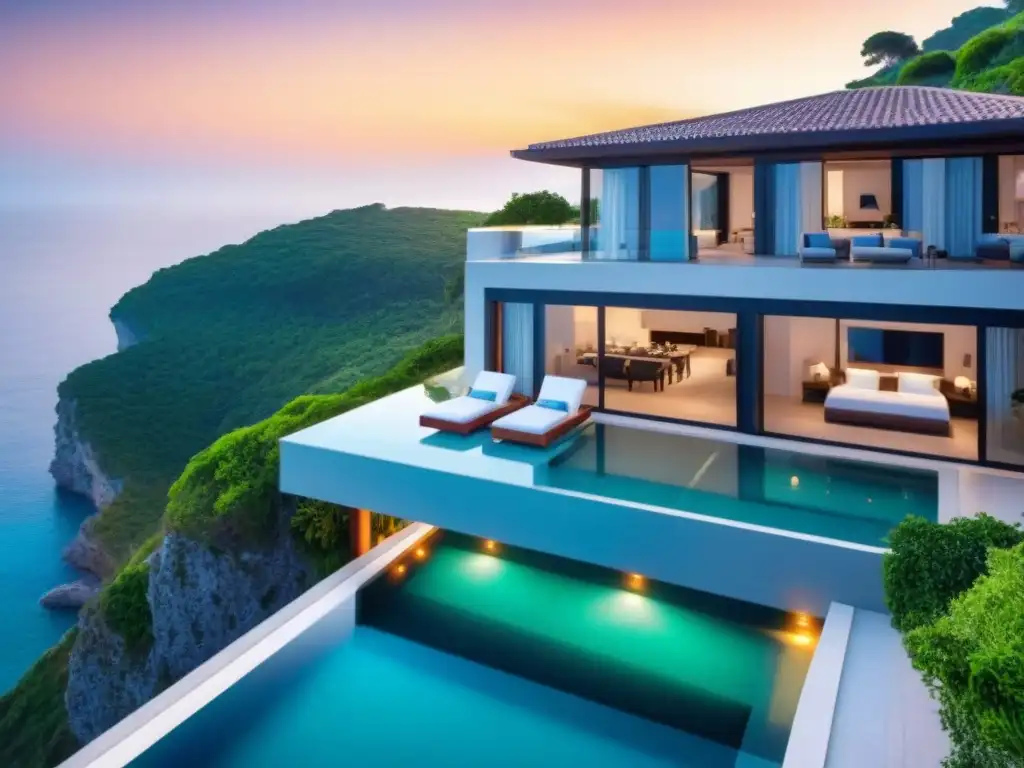 Villa de lujo en acantilado con piscina infinita y vistas al mar Villa vacacional de lujo en acantilado costero, con infinity pool y vistas al mar al atardecer
