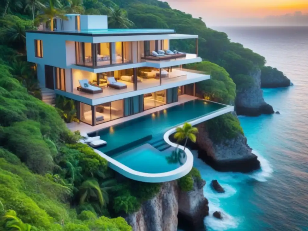Villa de lujo en acantilado con vista a mar turquesa Villa vacacional de lujo en acantilado con piscina infinita y vistas al mar turquesa