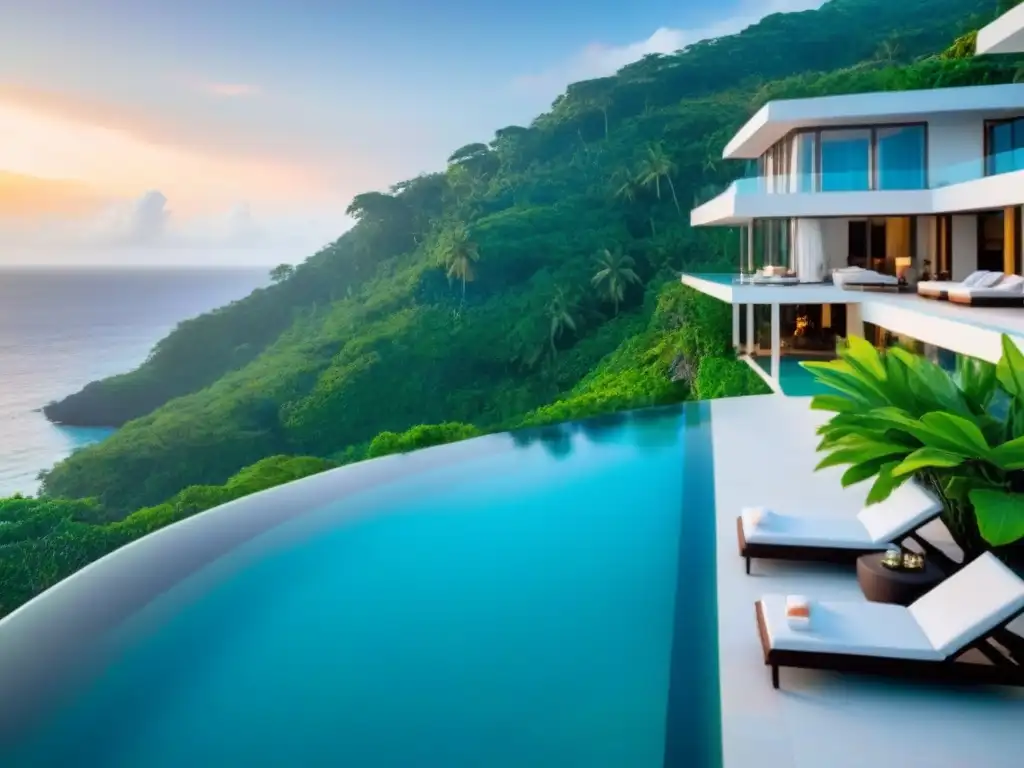 Villa de lujo en acantilado con piscina infinita Villa vacacional de lujo en acantilado con piscina infinita y vistas panorámicas al océano turquesa al atardecer