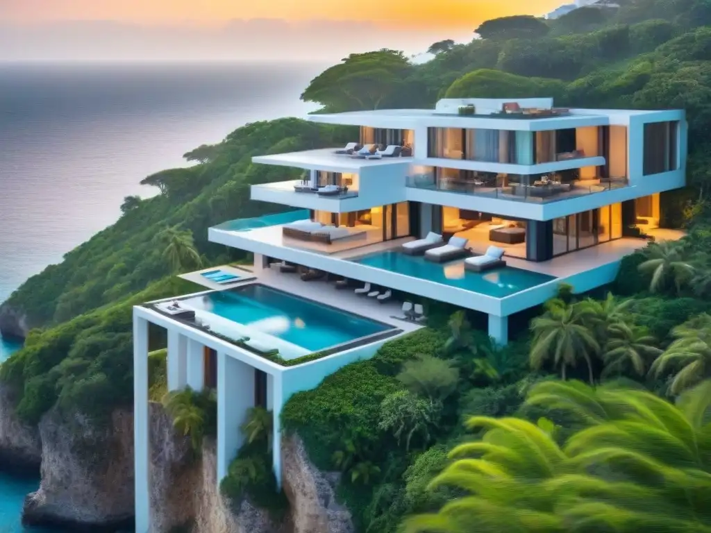 Villa de lujo en acantilado con piscina infinita y vistas al mar Villa vacacional de lujo en acantilado con piscina infinita, rodeada de naturaleza y vista al mar turquesa al atardecer