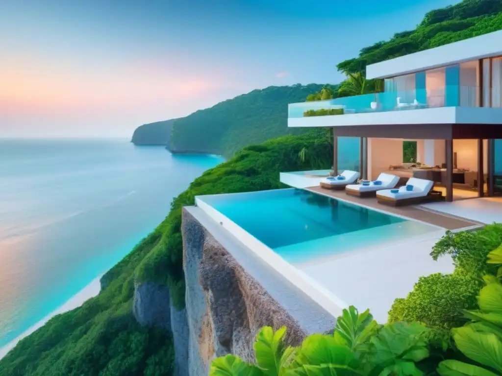 Villa de lujo frente al mar con piscina infinita privada Villa vacacional de lujo en acantilado con piscina infinita privada, rodeada de naturaleza exuberante y playa de arena