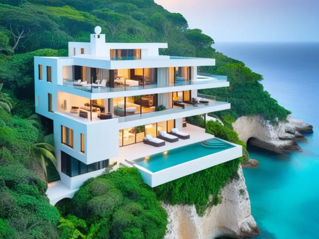 Villa de lujo en acantilado: oasis moderno frente al mar Villa vacacional de lujo en acantilado con piscina infinita, rodeada de aguas turquesas y naturaleza exuberante
