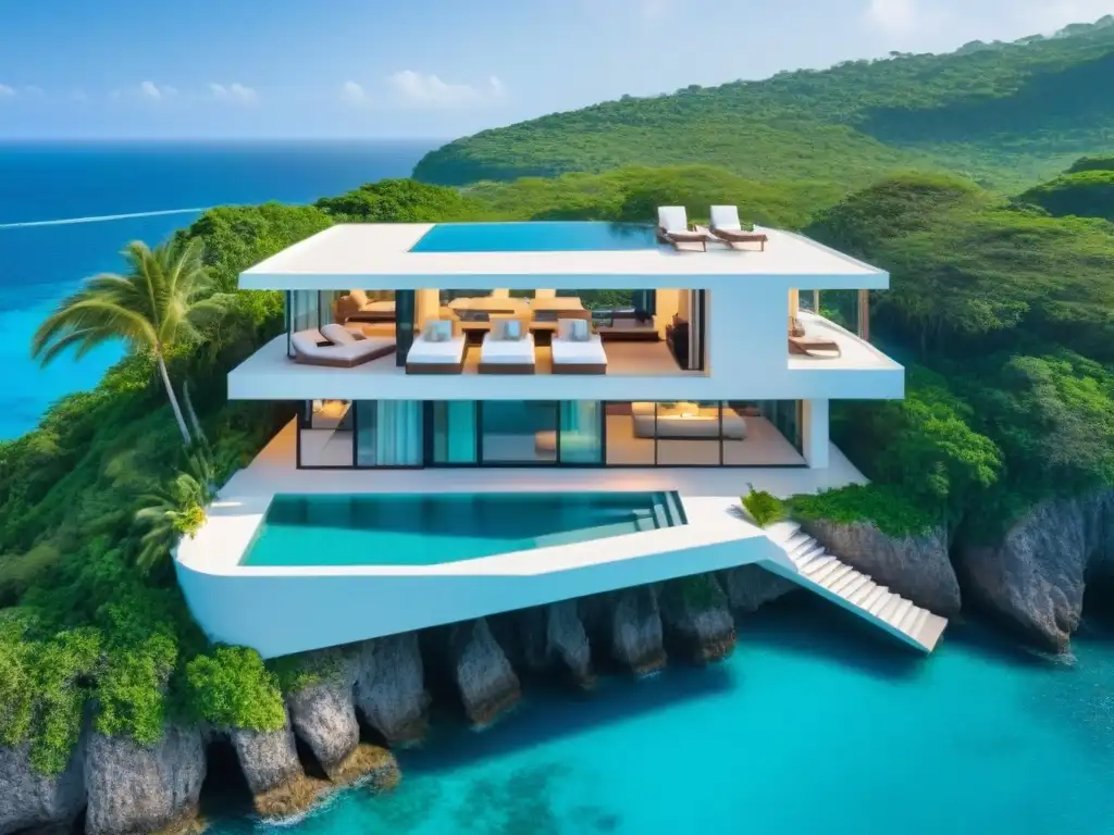 Villa de lujo en acantilado con piscina infinita Villa vacacional de lujo en acantilado con piscina infinita y vistas al mar turquesa y vegetación exuberante al atardecer