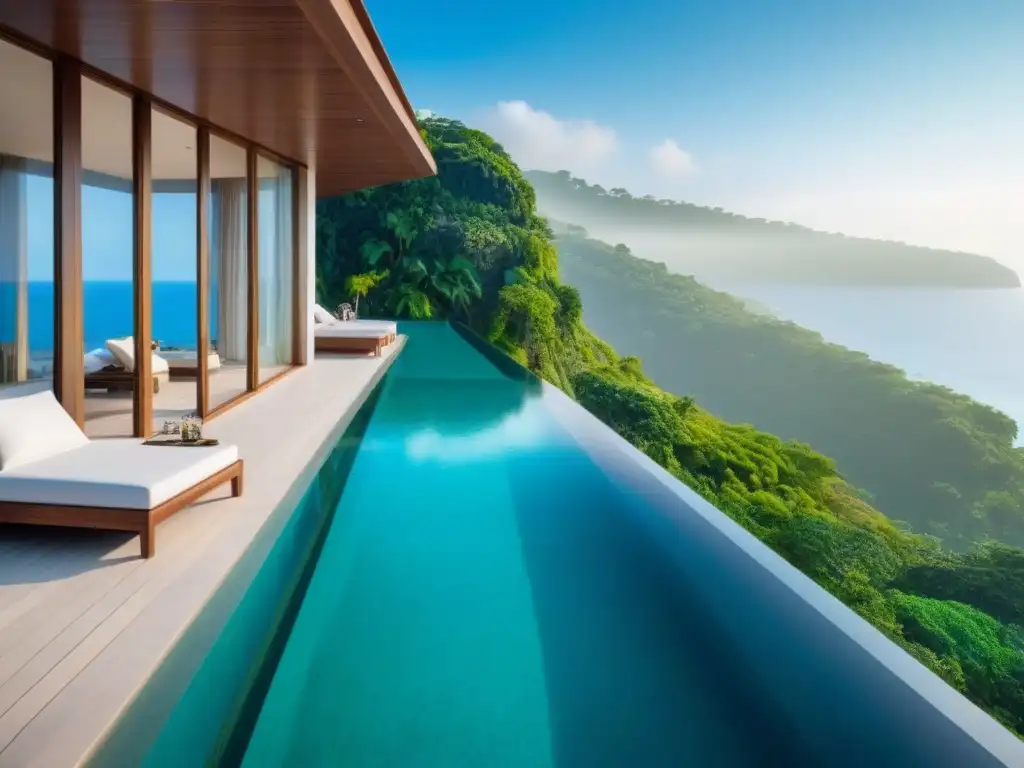 Villa de lujo con piscina infinita y vistas al mar Villa vacacional de lujo en acantilado con piscina infinita privada, rodeada de naturaleza exuberante y aguas turquesas