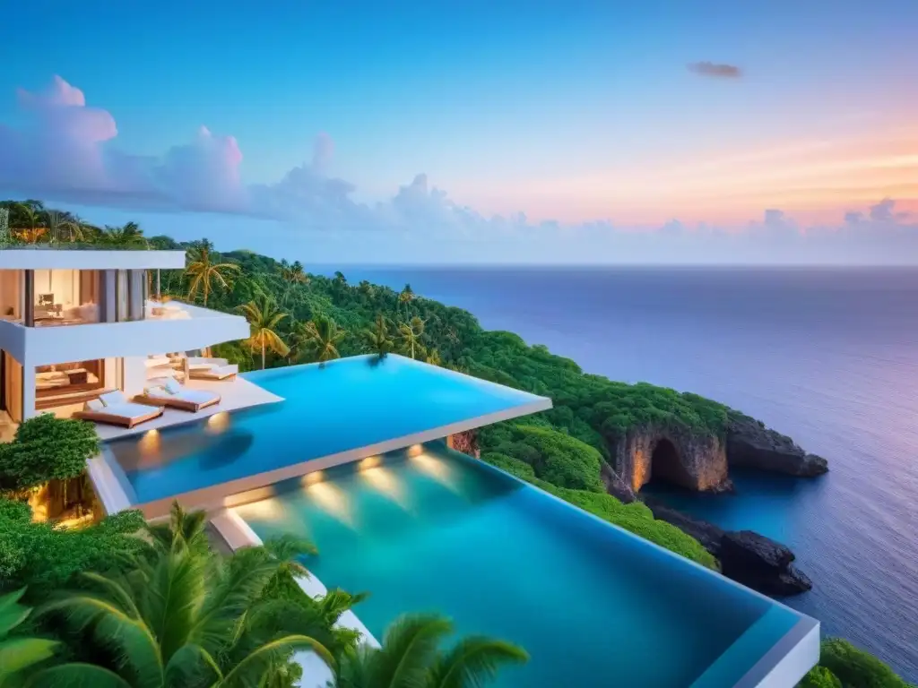 Villa de lujo en acantilado: atardecer dorado sobre aguas turquesas Villa vacacional de lujo en acantilado, rodeada de palmeras y aguas turquesa al atardecer
