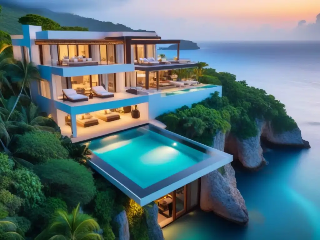 Villa de lujo frente al mar: atardecer dorado en paraíso Villa vacacional de lujo en acantilado con vista al mar turquesa