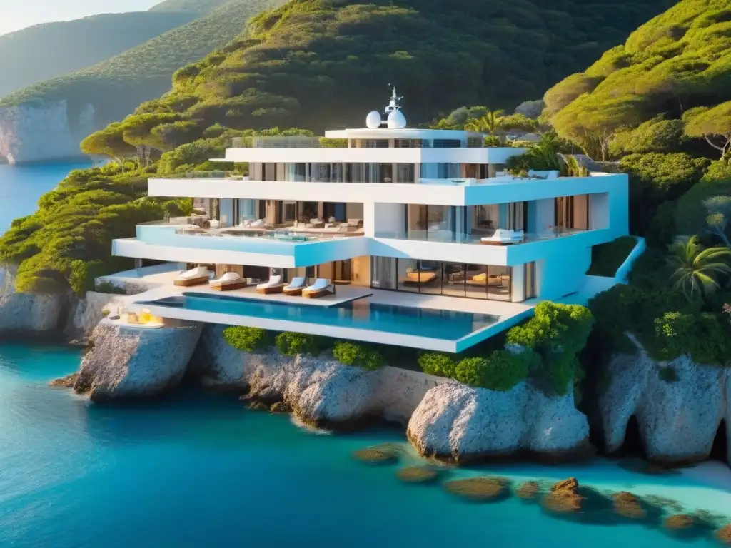 Villa de lujo sobre acantilado: vista aérea impresionante Villa vacacional de lujo en acantilado, con infinity pool y vista al mar