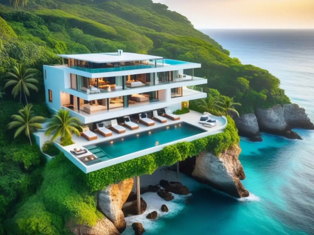 Villa de lujo en acantilado: paraíso turquesa Villa vacacional de lujo en acantilado con vistas al mar turquesa, rodeada de vegetación exuberante y palmeras