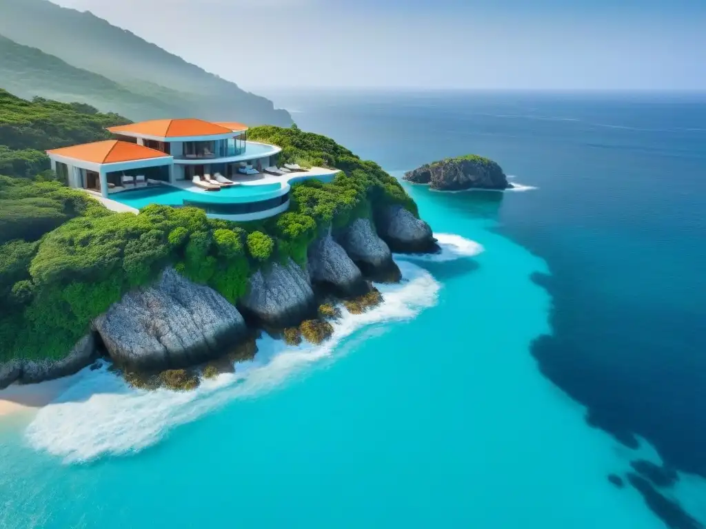 Villa de lujo sobre acantilado con piscina infinita y vistas al mar Villa vacacional de lujo en acantilado con vistas al mar turquesa, fusionando tendencias globales arquitectónicas y naturaleza exuberante