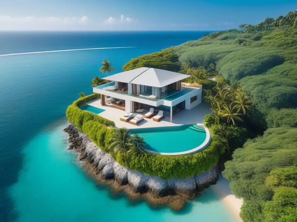 Villa de lujo frente al mar: modernidad y naturaleza en armonía Villa vacacional de lujo con arquitectura moderna junto al mar, rodeada de vegetación exuberante y piscina infinita