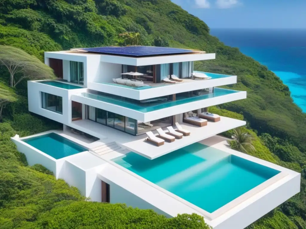 Villa de lujo eco-sostenible en paraíso costero Villa vacacional de lujo en costa, rodeada de naturaleza exuberante y agua turquesa