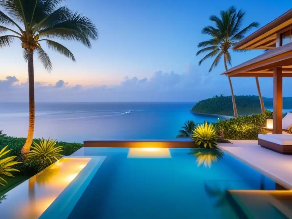 Villa de lujo con piscina infinita frente al mar Villa vacacional de lujo frente al mar con piscina infinita, rodeada de palmeras, playa privada y atardecer dorado