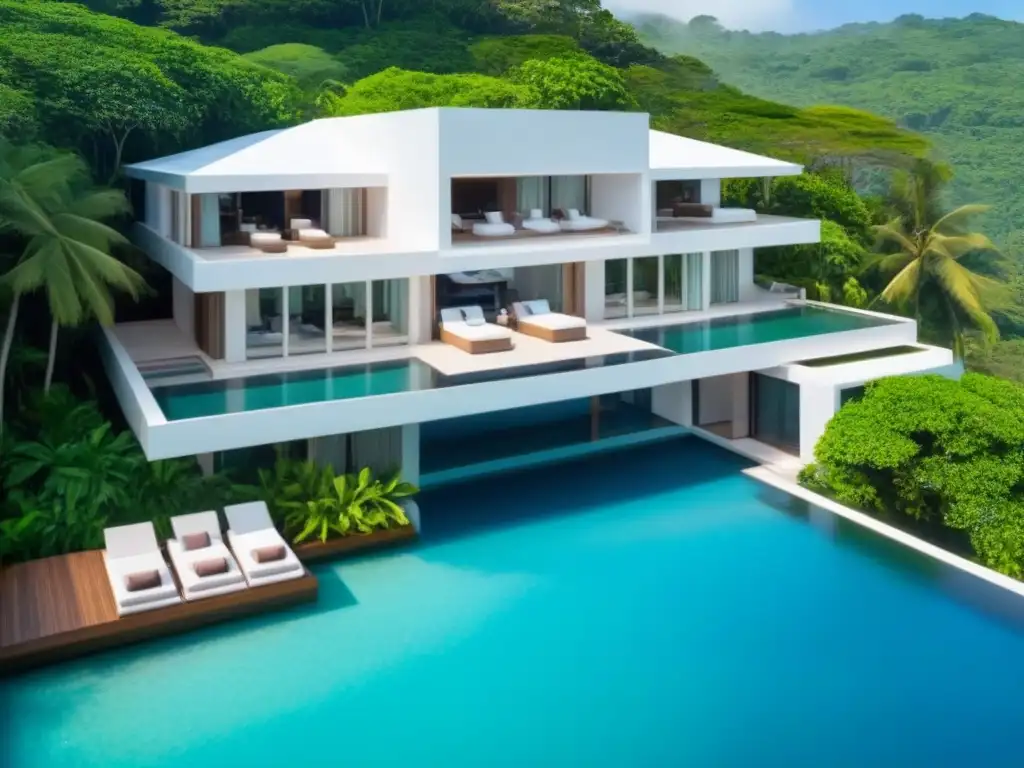 Villa de lujo frente al mar con piscina infinita privada y diseño moderno Villa vacacional de lujo con piscina infinita privada y vista al mar, rodeada de exuberante vegetación tropical