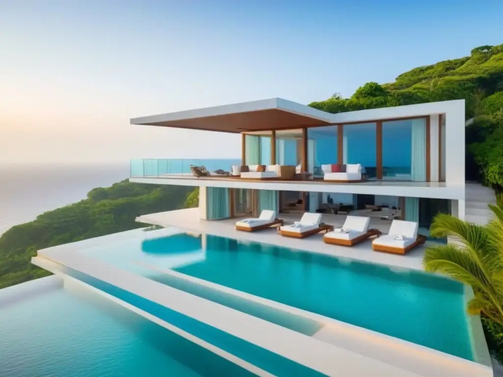 Villa de lujo con vistas al mar: elegancia y exclusividad Villa vacacional moderna en acantilado sobre mar turquesa rodeada de vegetación, bañada por luz dorada