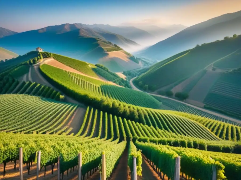 Viñedos infinitos bajo el sol: belleza y serenidad Un valle soleado con viñedos interminables y montañas majestuosas al fondo