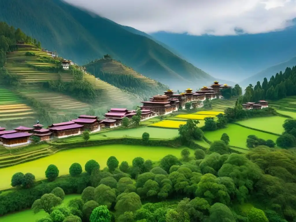 Bhután: Valles verdes, montañas nevadas y arquitectura tradicional Valles verdes y montañas nevadas de Bhután con arquitectura tradicional y banderas de oración