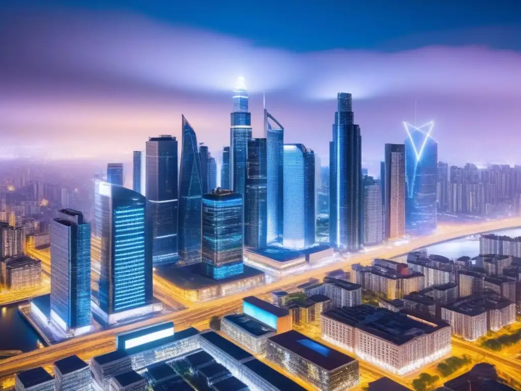 Inversión inmobiliaria: ciudad futurista con Big Data Valor de inversión inmobiliaria Big Data representado en una metrópolis futurista nocturna