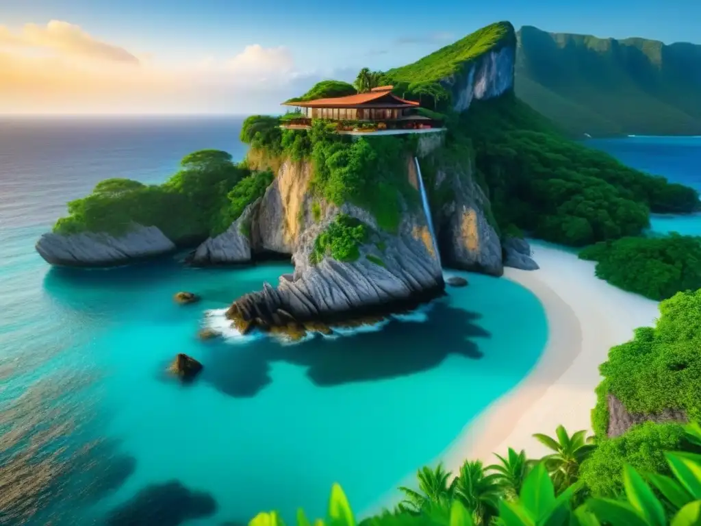 Paraíso de lujo: isla privada con mansión moderna al borde del acantilado Valor islas privadas turismo lujo: Mansión moderna en acantilado de isla privada paradisíaca al atardecer