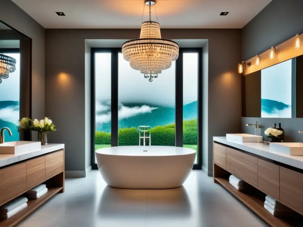 Renovación de baño de lujo: bañera independiente, ducha de vidrio y chandelier contemporáneo Renovación baño aumenta valor propiedad: lujoso baño moderno con bañera independiente, ducha de cristal y acabados de alta gama