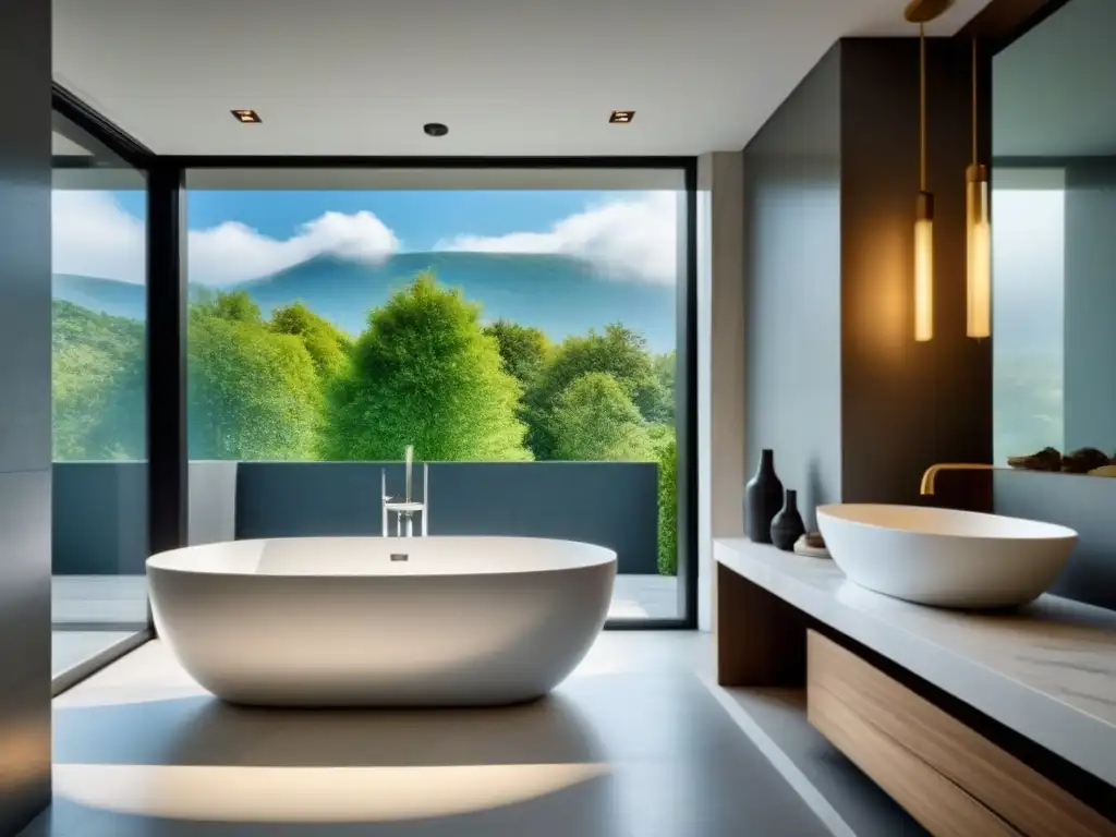 Baño de lujo con bañera independiente y acabados elegantes Renovación baño aumenta valor propiedad: lujoso baño moderno con bañera, mármol y luz natural