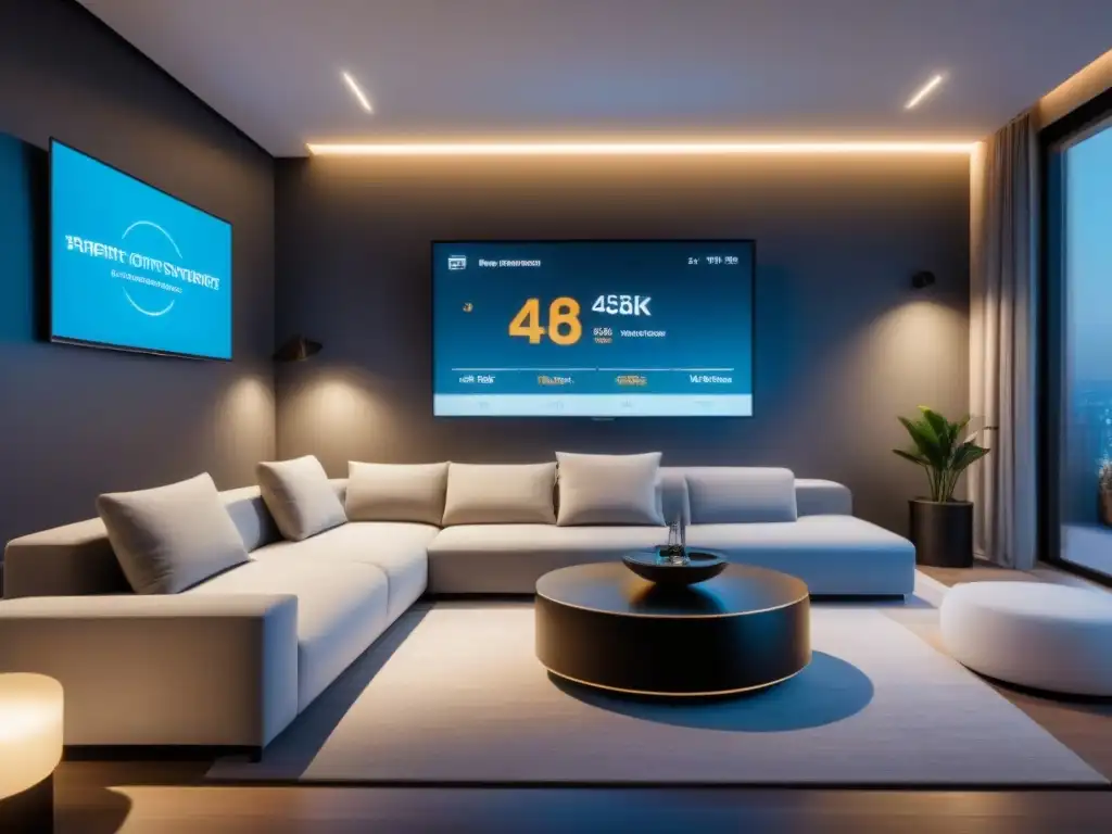 Interior de casa inteligente de lujo con tecnología IoT avanzada Vanguardia en propiedades inteligentes para inversores: sala de estar futurista con tecnología IoT integrada