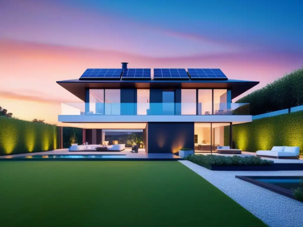 Smart Home Futurista: Tecnología IoT y Sostenibilidad Vanguardista hogar inteligente con IoT, jardín y paneles solares