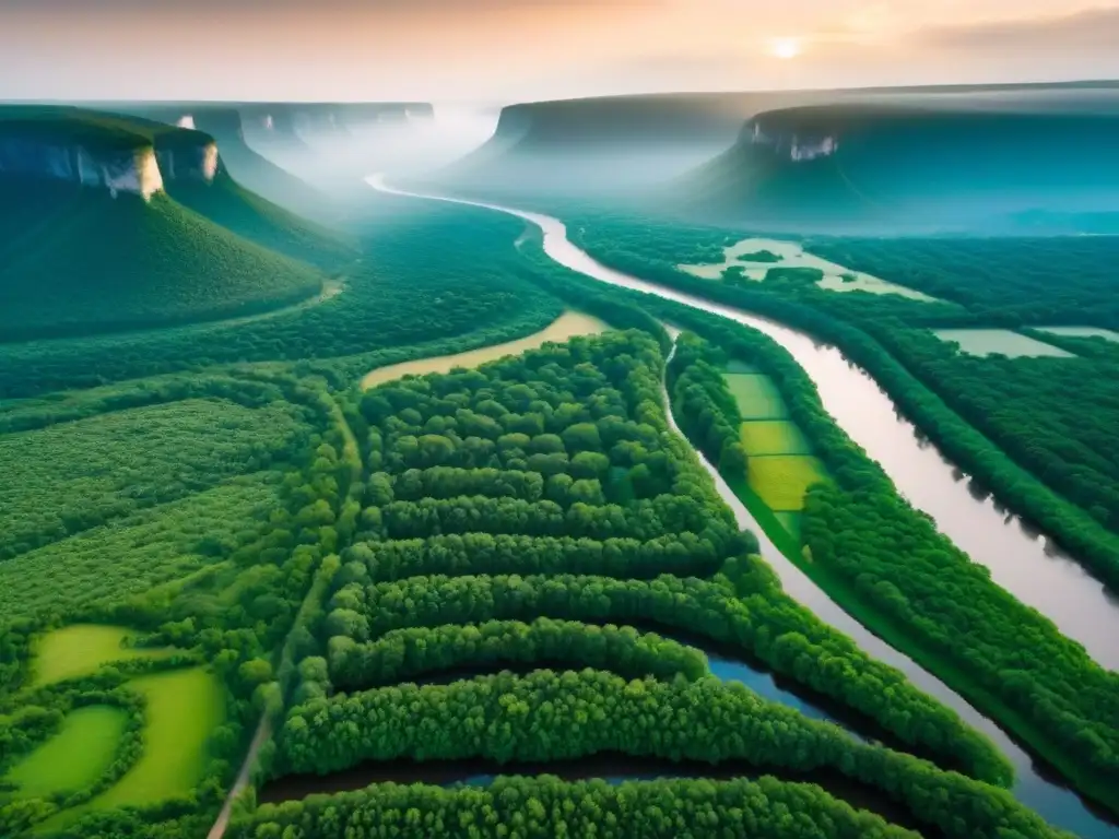 Vasto terreno sin desarrollar, mercado inmobiliario, río sereno y exuberante vegetación en luz dorada