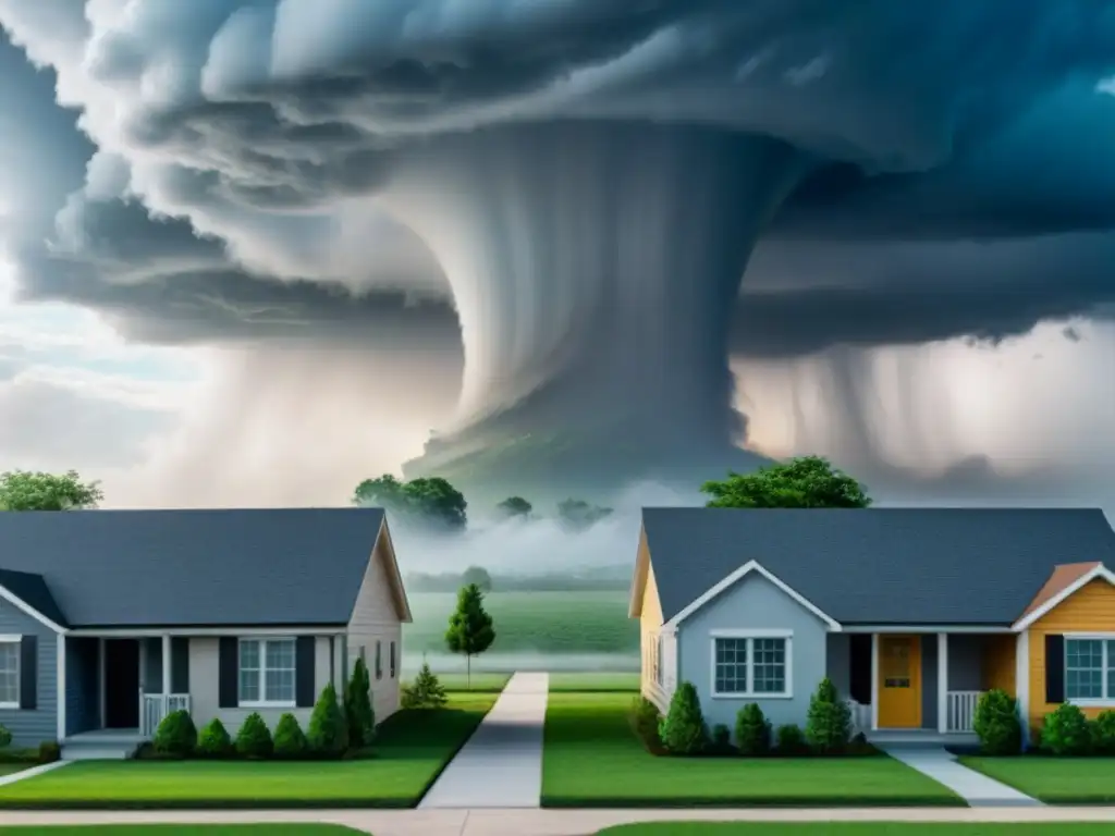 Vecindario seguro ante tornados: casas resistentes en comunidad diversa Vecindario diverso con casas resistentes a tornados bajo un cielo dramático