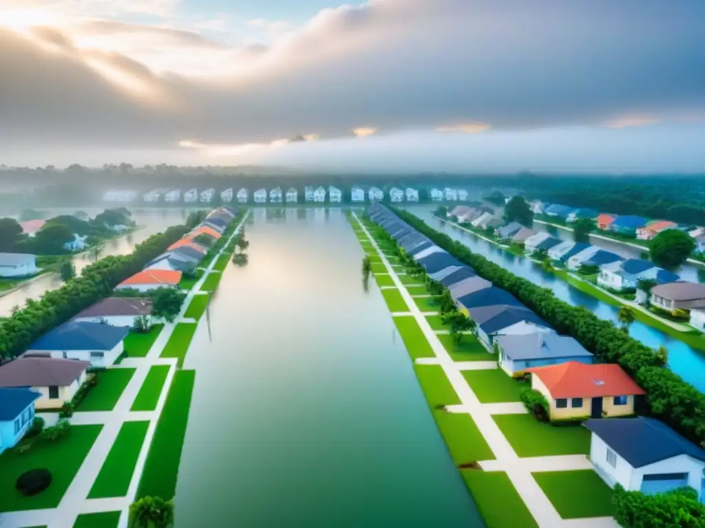 Contraste de preparación y vulnerabilidad en zona propensa a inundaciones Vecindario moderno en área inundable, casas con y sin protección, resaltando la importancia del seguro propiedad áreas inundables internacional