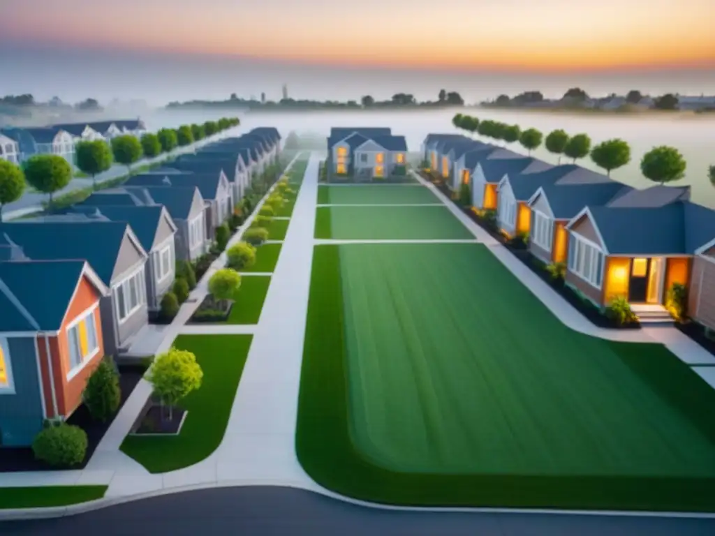 Vecindario moderno: diversidad de viviendas en entorno verde al atardecer Un vecindario moderno con diversas opciones de vivienda, rodeado de áreas verdes y senderos peatonales, impacto políticas vivienda elección hogar