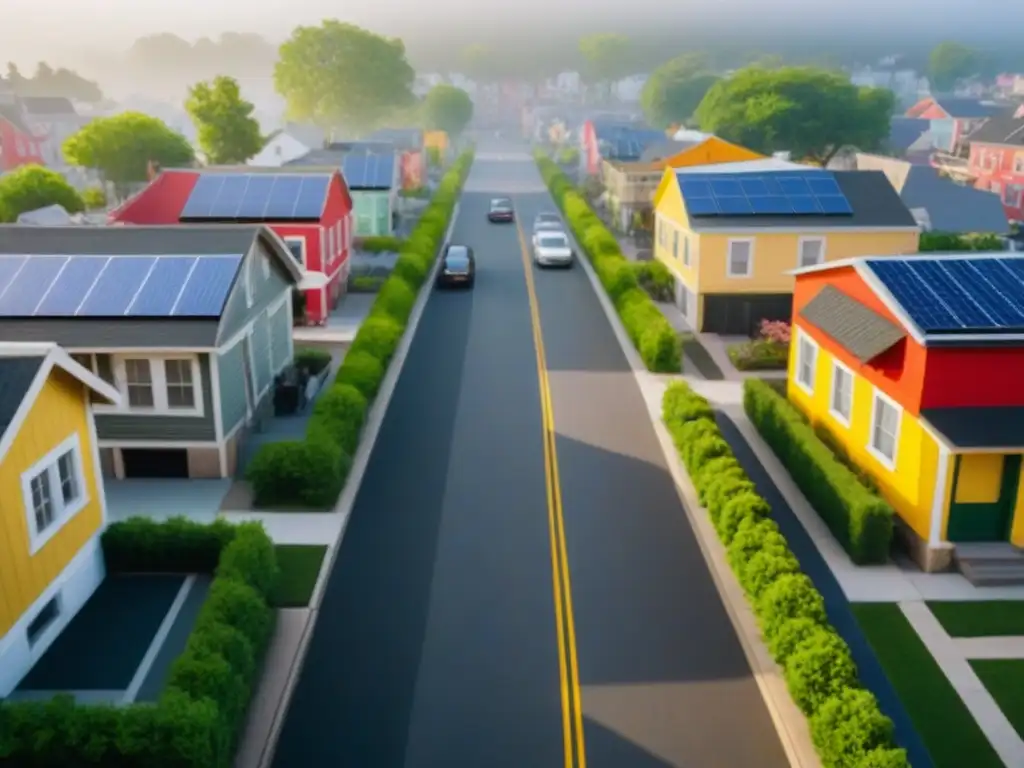 Renovación urbana: vecindario transformado con jardines y energía solar Transformación vecindario propiedad inmobiliaria: vecindario renovado con edificios coloridos, jardines en azoteas y espacios comunitarios vibrantes