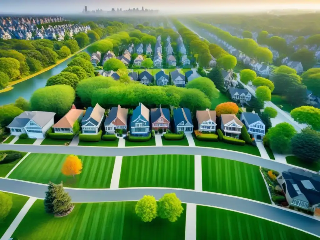 Vecindario suburbano: armonía familiar y naturaleza Un vecindario suburbano con casas ordenadas, calles arboladas y parque central
