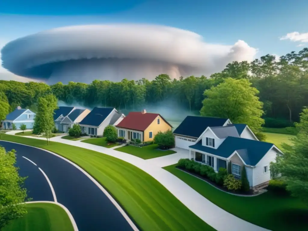 Comunidad preparada: refugio ante tornados en suburbio moderno Un vecindario suburbano tranquilo prepara su refugio antitornados, destacando la importancia del seguro propiedad zona propensas tornados