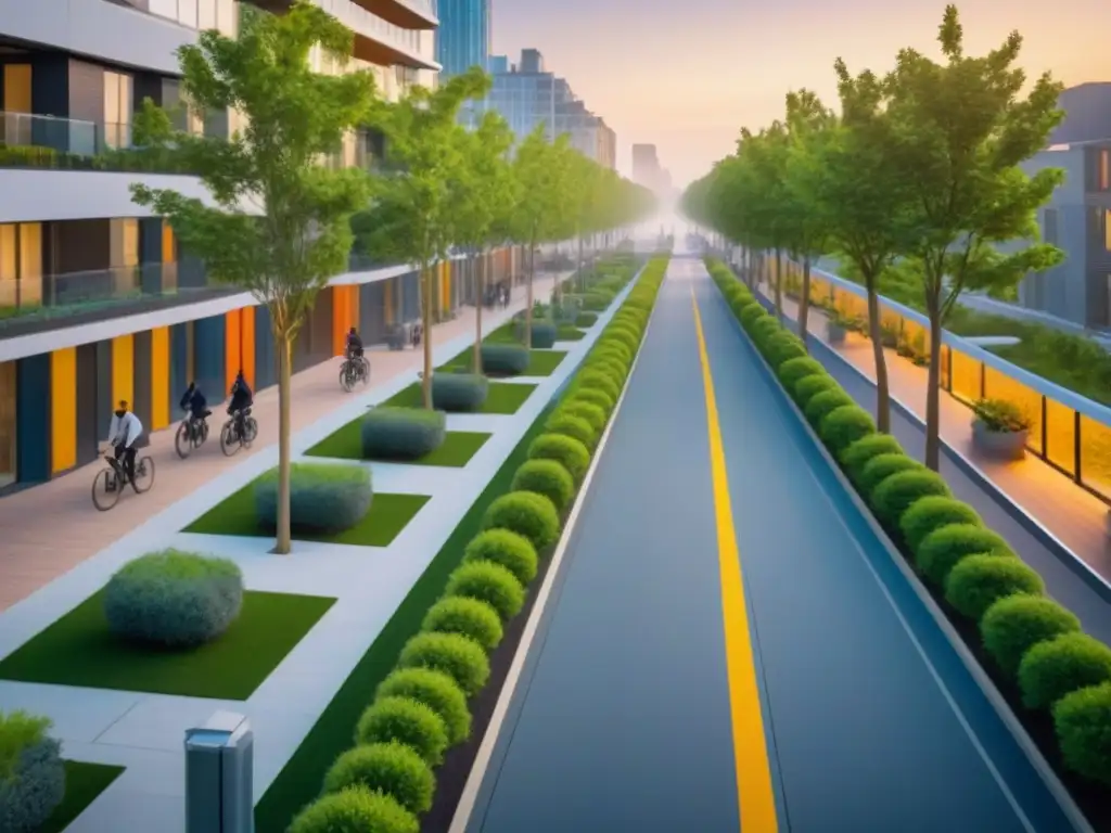 Horizonte urbano vibrante: armonía y sostenibilidad en comunidad Un vecindario vibrante con edificios modernos, áreas verdes y personas disfrutando