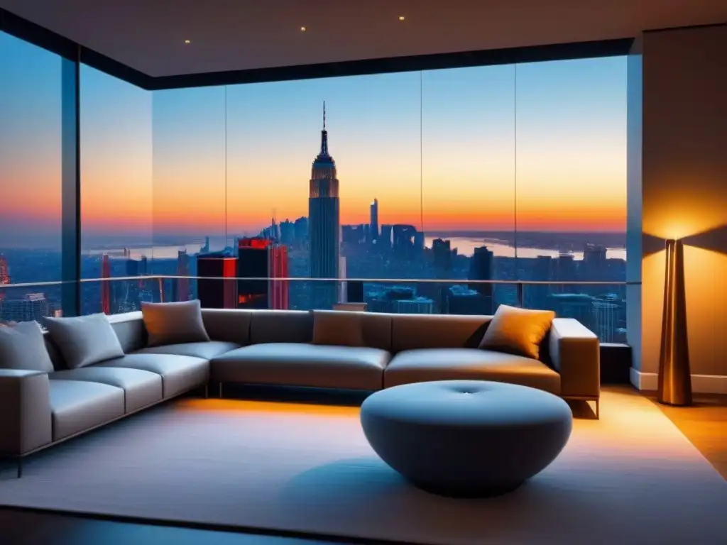 Exclusivo penthouse moderno con vista a la ciudad al atardecer Renovación y venta de propiedades: Penthouse moderno y lujoso con vista panorámica de la ciudad al atardecer